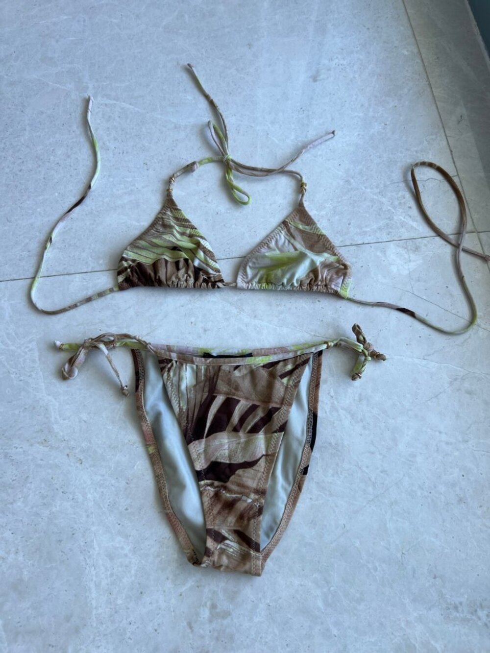 Roberto Cavalli Tropical Leaf Print Bikini Triangle Top Tie Side XS New
